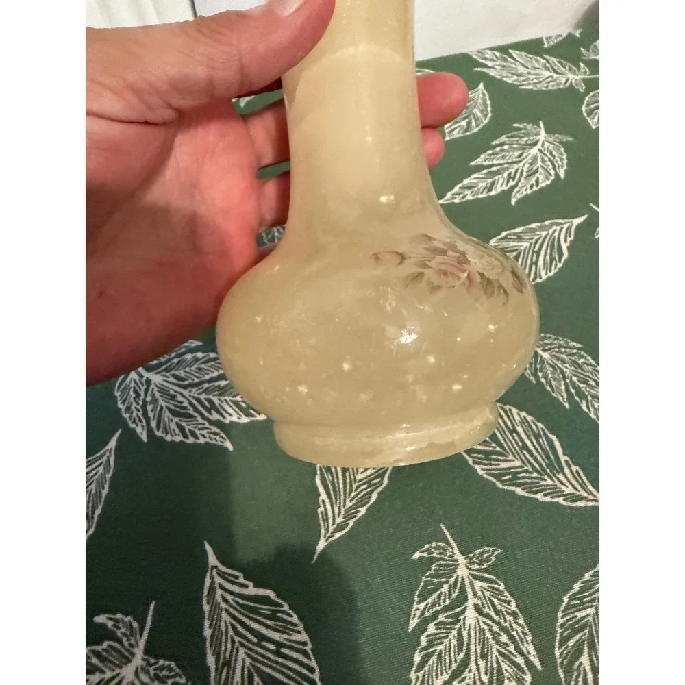 Vintage Genuine Alabaster Floral Rose Bud Vase Made in Italy Cream Stone 6.5in